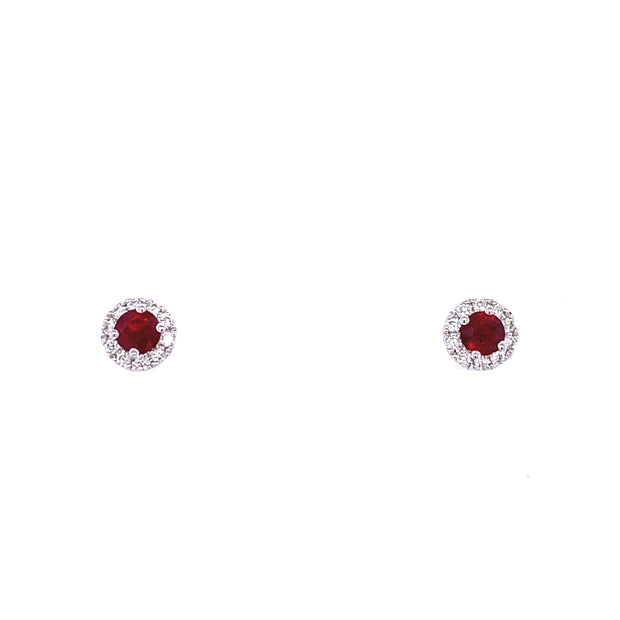 14k White Gold Round Ruby Diamond Halo Earrings