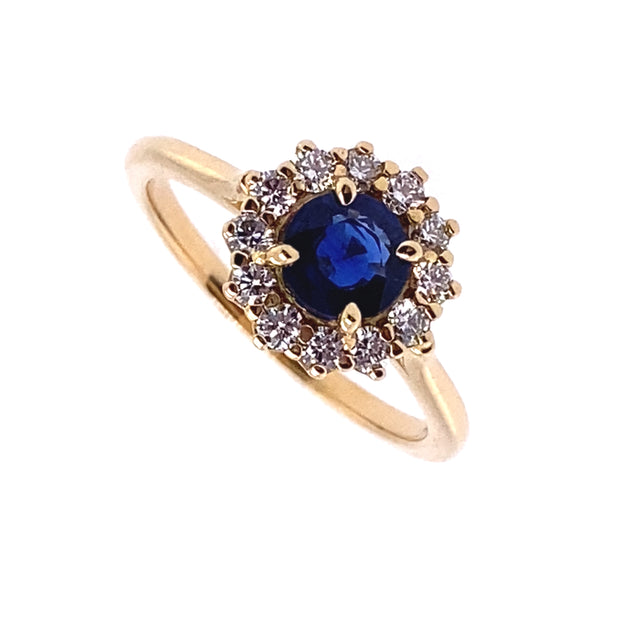 14k Yellow Gold Round Blue Sapphire and Diamond Halo Ring