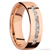 7 mm wide/Flat/14K Rose Gold band with an  arrangement of 9, .05 carat Round Diamond stones in a Channel setting.