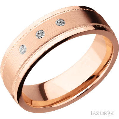 7 mm wide/Flat Stepped Edges Milgrain/14K Rose Gold band with an  arrangement of 3, .03 carat Round Diamond stones in a Flush setting.