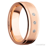 7 mm wide/Flat Stepped Edges Milgrain/14K Rose Gold band with an  arrangement of 3, .03 carat Round Diamond stones in a Flush setting.