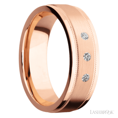 7 mm wide/Flat Stepped Edges Milgrain/14K Rose Gold band with an  arrangement of 3, .03 carat Round Diamond stones in a Flush setting.