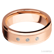 7 mm wide/Flat Stepped Edges Milgrain/14K Rose Gold band with an  arrangement of 3, .03 carat Round Diamond stones in a Flush setting.