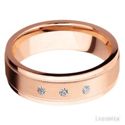 7 mm wide/Flat Stepped Edges Milgrain/14K Rose Gold band with an  arrangement of 3, .03 carat Round Diamond stones in a Flush setting.