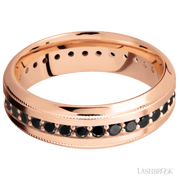 7 mm wide/High Bevel Milgrain/14K Rose Gold band with an Eternity arrangement of .03 carat Round Black Diamond stones in a Bead Channel setting.
