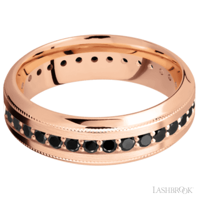 7 mm wide/High Bevel Milgrain/14K Rose Gold band with an Eternity arrangement of .03 carat Round Black Diamond stones in a Bead Channel setting.