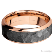 8 mm wide/High Bevel/14K Rose Gold band with one 5 mm Centered inlay of Zirconium.