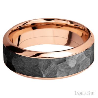 8 mm wide/High Bevel/14K Rose Gold band with one 5 mm Centered inlay of Zirconium.