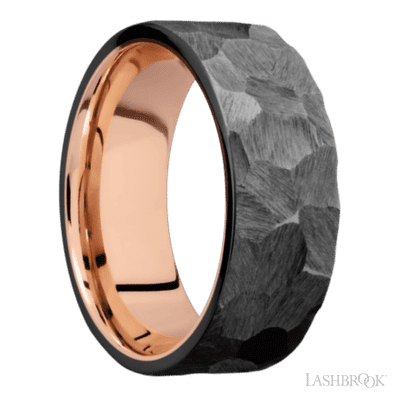 8 mm wide Flat Zirconium band featuring a 14K Rose Gold sleeve.