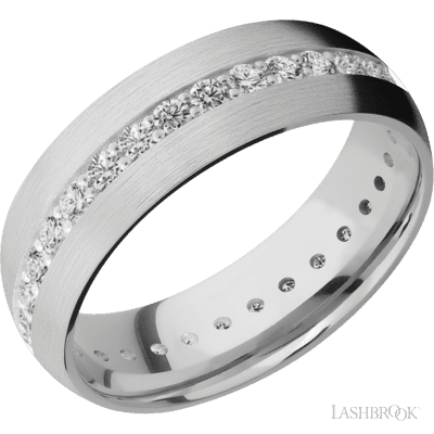 7 mm wide/Domed/14K White Gold band with an Eternity arrangement of .03 carat Round Diamond stones in a Bead Channel setting.