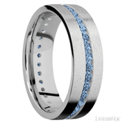 7 mm wide/Flat/14K White Gold band with an Eternity arrangement of .03 carat Round Denim Sapphire stones in a Channel setting.