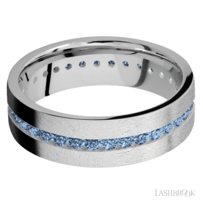 7 mm wide/Flat/14K White Gold band with an Eternity arrangement of .03 carat Round Denim Sapphire stones in a Channel setting.