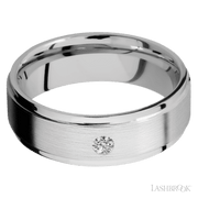 7 mm wide/Flat Grooved Edges/14K White Gold band with an  arrangement of 1, .1 carat Round Diamond stones in a Flush setting.