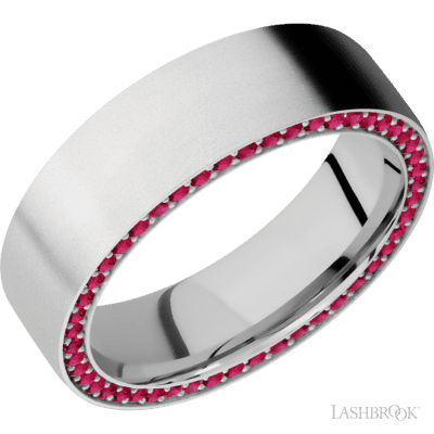 7 mm wide/Flat/14K White Gold band with a Side Eternity arrangement of .01 carat Round Ruby stones in a Bead Channel setting.