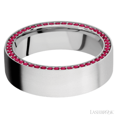 7 mm wide/Flat/14K White Gold band with a Side Eternity arrangement of .01 carat Round Ruby stones in a Bead Channel setting.