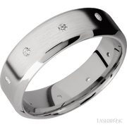 7 mm wide/High Bevel/14K White Gold band with a 9X Even arrangement of .03 carat Round Diamond stones in a Flush setting.