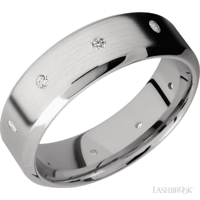 7 mm wide/High Bevel/14K White Gold band with a 9X Even arrangement of .03 carat Round Diamond stones in a Flush setting.