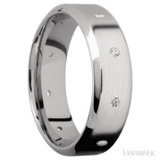 7 mm wide/High Bevel/14K White Gold band with a 9X Even arrangement of .03 carat Round Diamond stones in a Flush setting.