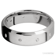 7 mm wide/High Bevel/14K White Gold band with a 9X Even arrangement of .03 carat Round Diamond stones in a Flush setting.