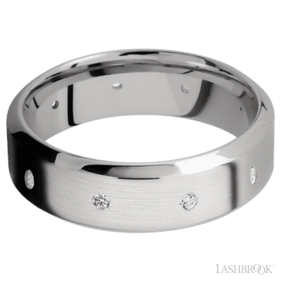 7 mm wide/High Bevel/14K White Gold band with a 9X Even arrangement of .03 carat Round Diamond stones in a Flush setting.