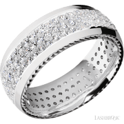 8 mm wide/Domed/14K White Gold band with  two 1 mm Sidebraid inlays of 14K White Gold and featuring a 3 Row Eternity arrangement of .015 carat Round Diamond stones in a Bead Channel setting