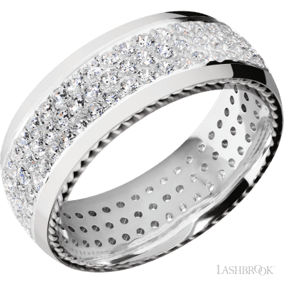 8 mm wide/Domed/14K White Gold band with  two 1 mm Sidebraid inlays of 14K White Gold and featuring a 3 Row Eternity arrangement of .015 carat Round Diamond stones in a Bead Channel setting