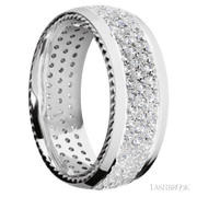 8 mm wide/Domed/14K White Gold band with  two 1 mm Sidebraid inlays of 14K White Gold and featuring a 3 Row Eternity arrangement of .015 carat Round Diamond stones in a Bead Channel setting