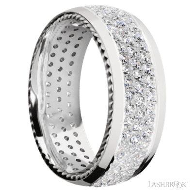 8 mm wide/Domed/14K White Gold band with  two 1 mm Sidebraid inlays of 14K White Gold and featuring a 3 Row Eternity arrangement of .015 carat Round Diamond stones in a Bead Channel setting