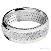 8 mm wide/Domed/14K White Gold band with  two 1 mm Sidebraid inlays of 14K White Gold and featuring a 3 Row Eternity arrangement of .015 carat Round Diamond stones in a Bead Channel setting