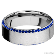 8 mm wide/High Bevel/14K White Gold band with a Bevel Eternity arrangement of .01 carat Round Sapphire stones in a Bead setting.
