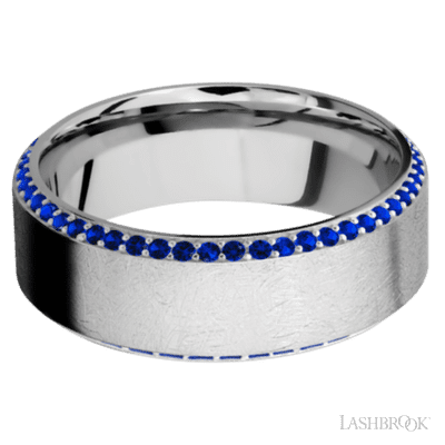 8 mm wide/High Bevel/14K White Gold band with a Bevel Eternity arrangement of .01 carat Round Sapphire stones in a Bead setting.