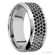 9 mm wide/High Bevel/14K White Gold band with a 4 Row Half Eternity arrangement of .015 carat Round Black Diamond stones in a Bead Channel setting.