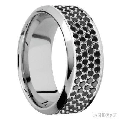 9 mm wide/High Bevel/14K White Gold band with a 4 Row Half Eternity arrangement of .015 carat Round Black Diamond stones in a Bead Channel setting.