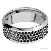9 mm wide/High Bevel/14K White Gold band with a 4 Row Half Eternity arrangement of .015 carat Round Black Diamond stones in a Bead Channel setting.