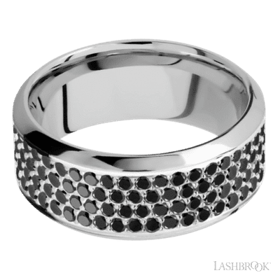 9 mm wide/High Bevel/14K White Gold band with a 4 Row Half Eternity arrangement of .015 carat Round Black Diamond stones in a Bead Channel setting.