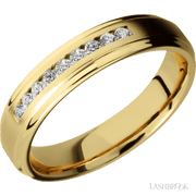 5 mm wide/Flat Grooved Edges/14K Yellow Gold band with an  arrangement of 9, .03 carat Round Diamond stones in a Channel setting.