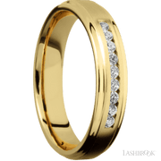 5 mm wide/Flat Grooved Edges/14K Yellow Gold band with an  arrangement of 9, .03 carat Round Diamond stones in a Channel setting.