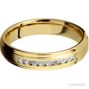 5 mm wide/Flat Grooved Edges/14K Yellow Gold band with an  arrangement of 9, .03 carat Round Diamond stones in a Channel setting.