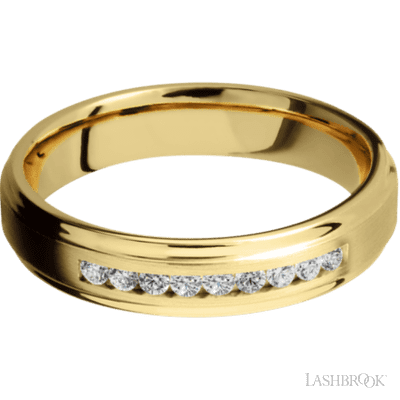 5 mm wide/Flat Grooved Edges/14K Yellow Gold band with an  arrangement of 9, .03 carat Round Diamond stones in a Channel setting.