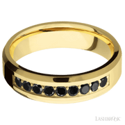 6 mm wide/Beveled/14K Yellow Gold band with an  arrangement of 9, .05 carat Round Black Diamond stones in a Bead Channel setting.