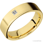 6 mm wide/Flat/14K Yellow Gold band with an  arrangement of 1, .1 carat Princess Diamond stones in a Flush setting.
