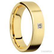 6 mm wide/Flat/14K Yellow Gold band with an  arrangement of 1, .1 carat Princess Diamond stones in a Flush setting.