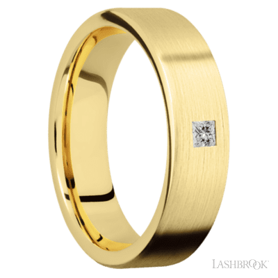 6 mm wide/Flat/14K Yellow Gold band with an  arrangement of 1, .1 carat Princess Diamond stones in a Flush setting.