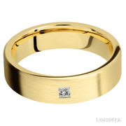 6 mm wide/Flat/14K Yellow Gold band with an  arrangement of 1, .1 carat Princess Diamond stones in a Flush setting.