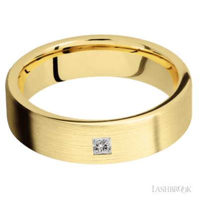 6 mm wide/Flat/14K Yellow Gold band with an  arrangement of 1, .1 carat Princess Diamond stones in a Flush setting.