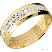 7 mm wide/High Bevel/14K Yellow Gold band with a 2 Row Eternity arrangement of .015 carat Round Diamond stones in a Bead Channel setting.