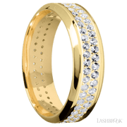 7 mm wide/High Bevel/14K Yellow Gold band with a 2 Row Eternity arrangement of .015 carat Round Diamond stones in a Bead Channel setting.