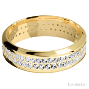 7 mm wide/High Bevel/14K Yellow Gold band with a 2 Row Eternity arrangement of .015 carat Round Diamond stones in a Bead Channel setting.