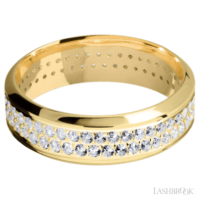 7 mm wide/High Bevel/14K Yellow Gold band with a 2 Row Eternity arrangement of .015 carat Round Diamond stones in a Bead Channel setting.