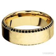 8 mm wide/High Bevel/14K Yellow Gold band with a Bevel Eternity arrangement of .01 carat Round Black Diamond stones in a Bead setting.